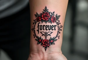 The word "forever" in black gothic font, bordered by dark crimson roses and ivy. tattoo idea