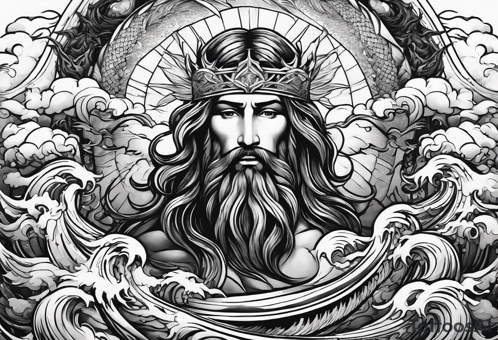 Almighty Jesus Christ ascends from Heaven to battle against the Almighty Serpent in the ocean tattoo idea