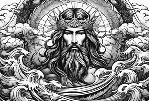 Almighty Jesus Christ ascends from Heaven to battle against the Almighty Serpent in the ocean tattoo idea