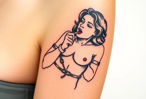 Naked Woman in restraints, with her mouth held agape by a man tattoo idea