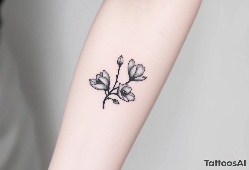 Branch with few magnolia flowers, in different blossom stages with botanical details tattoo idea