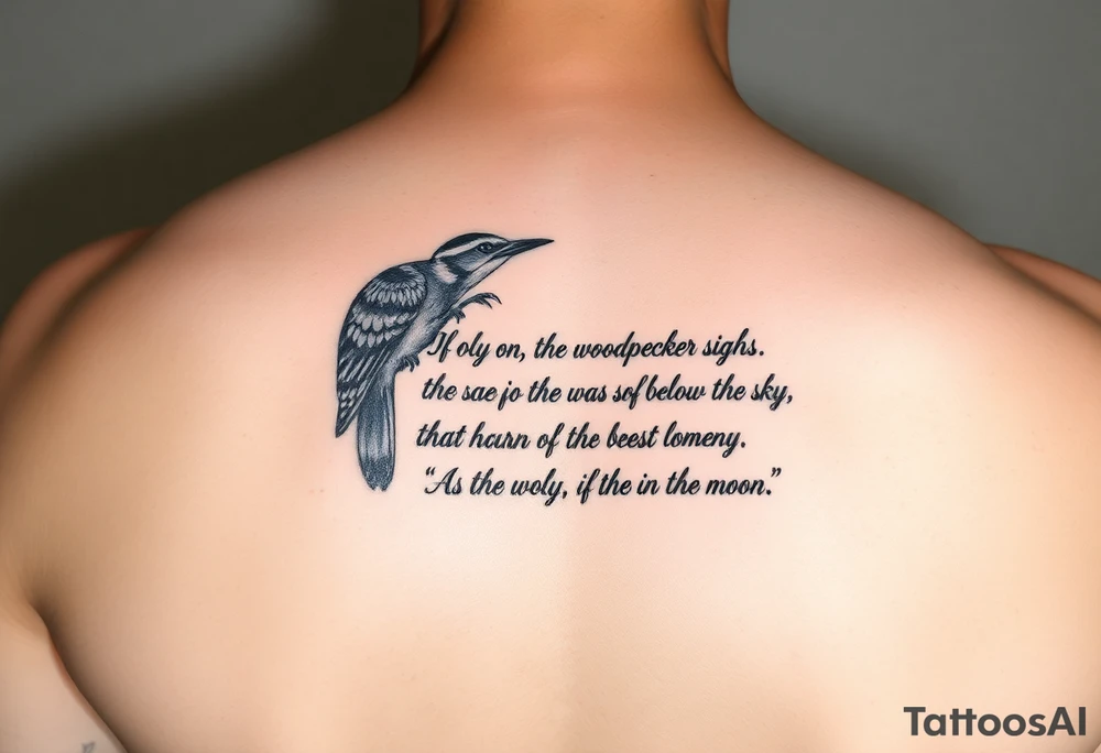 “"If only, if only," the woodpecker sighs,

The bark on the tree was as soft as the sky.

As the wolf waits below, so hungry and lonely,

He cries to the moon, "If only, if only."” 
written as a tattoo on rib cage tattoo idea
