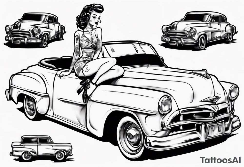 pinup doll sitting on the hood of an old car tattoo idea