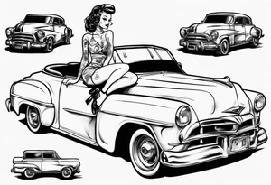 pinup doll sitting on the hood of an old car tattoo idea