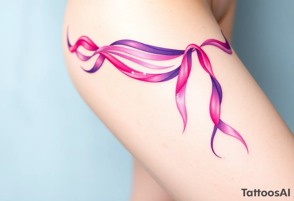 garter tattoo with flowing ribbons in shades of pink and purple, blending seamlessly into the skin for a dreamy effect tattoo idea