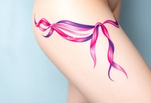 garter tattoo with flowing ribbons in shades of pink and purple, blending seamlessly into the skin for a dreamy effect tattoo idea