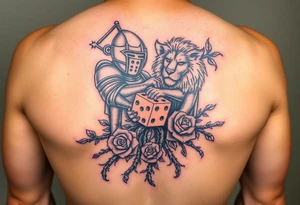 knight and Lion intertwined with tree roots and roses rolling dice tattoo idea