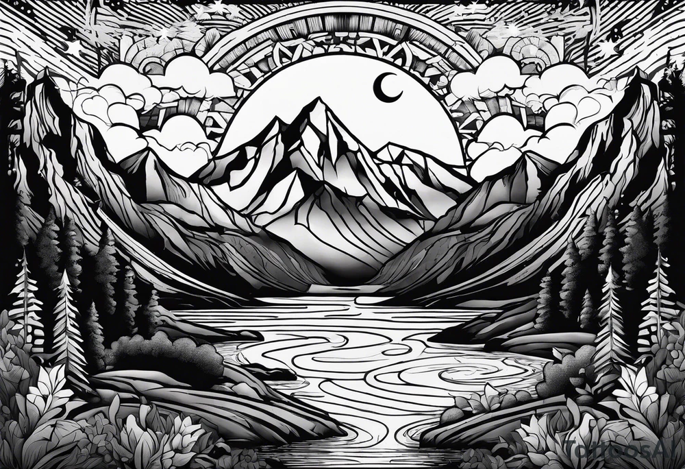 nature with mountains, waterfall, water, and a cross in the background and and moon/sun in the sky with stars tattoo idea