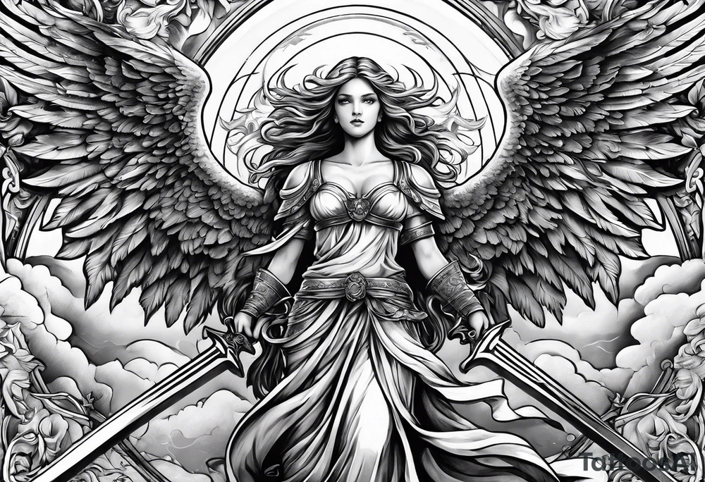 Angels with swords in the sky tattoo idea