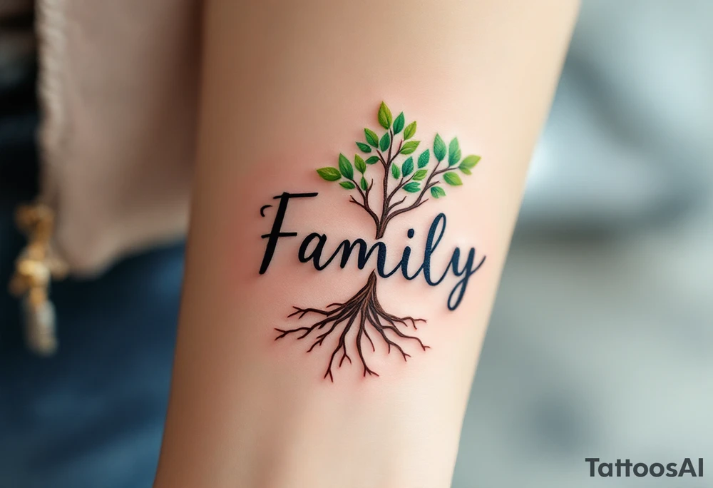 Family written in bold serif letters beneath a tree with green leaves and brown roots entwining into the text. tattoo idea