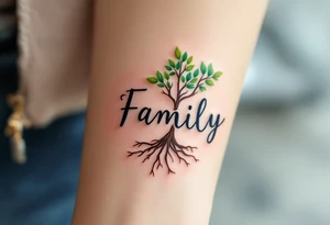 Family written in bold serif letters beneath a tree with green leaves and brown roots entwining into the text. tattoo idea