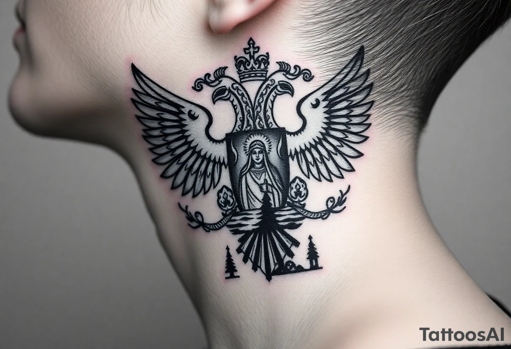 Traditional authentic Russian coat of arms with double headed eagle & a well shaded Christian orthodox Virgin Mary in the middle with silhouette of a lake in a Russian wilderness Christian orthodoxy dome church village setting on the side of my neck tattoo idea