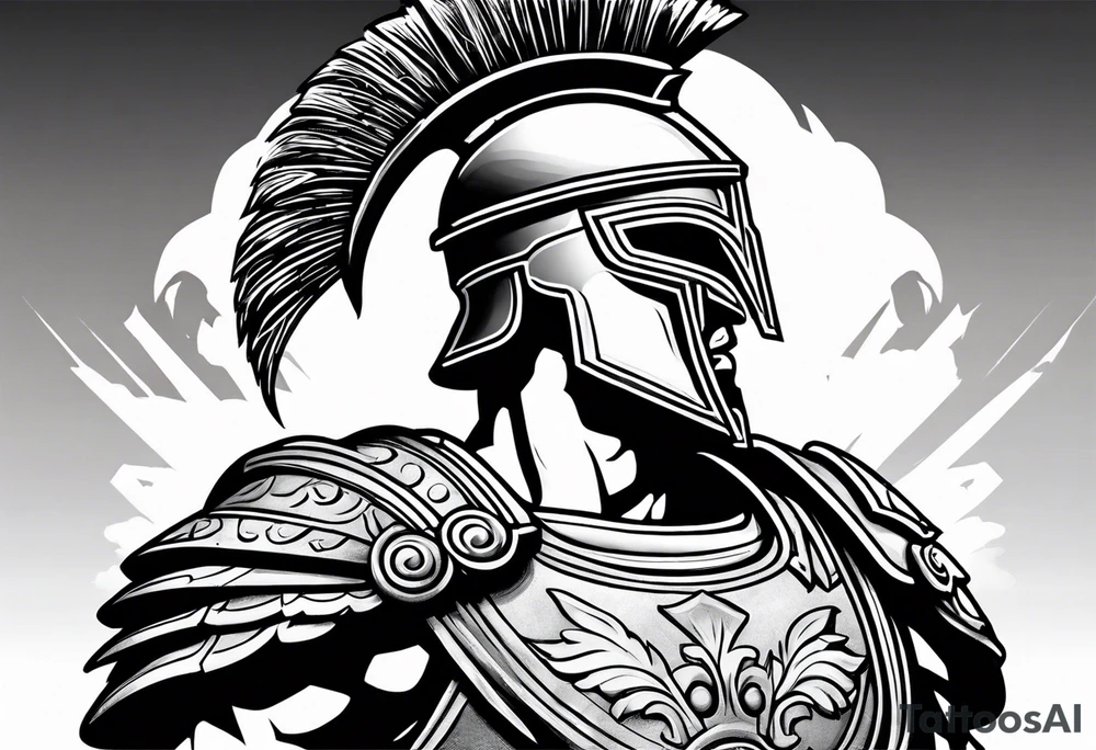 Side profile Spartan Solider ancient roman city in the background tattoo idea