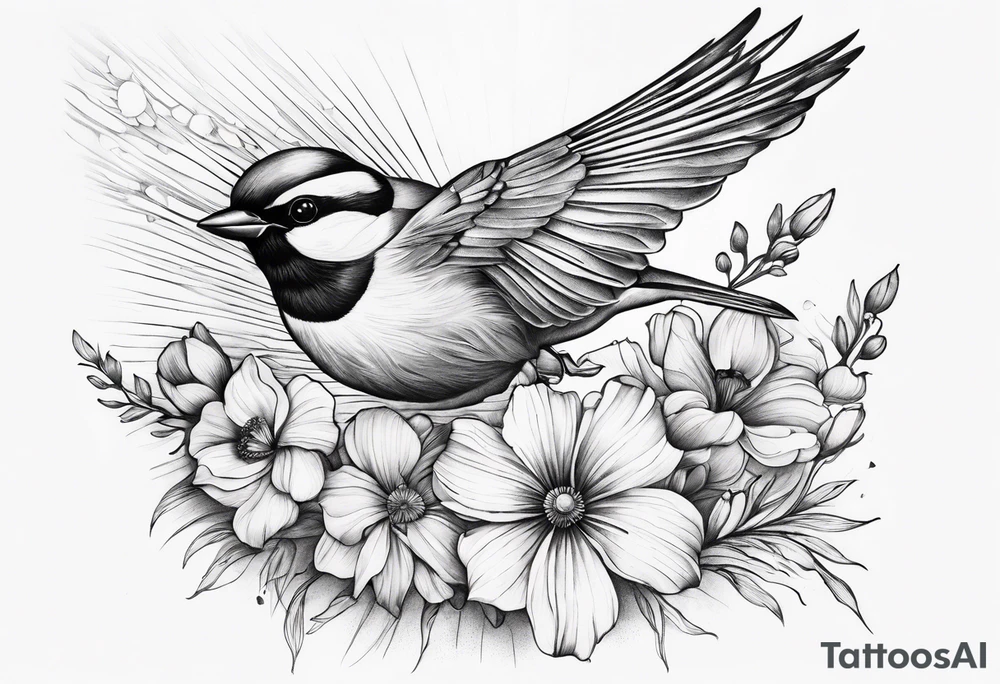 one flying
sparrow, sunrays,
make it a neck sleeve
add in a cosmos, iris, daisy, poppy and larkspur tattoo idea
