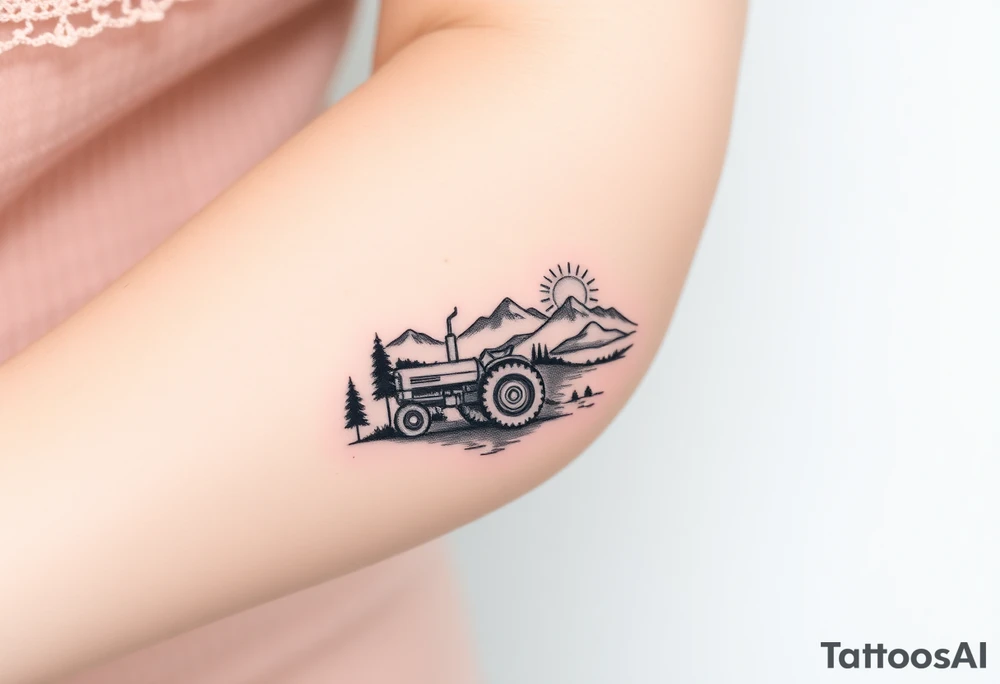 mountain, road, vantage tractor, cow, sunset tattoo idea