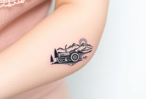 mountain, road, vantage tractor, cow, sunset tattoo idea