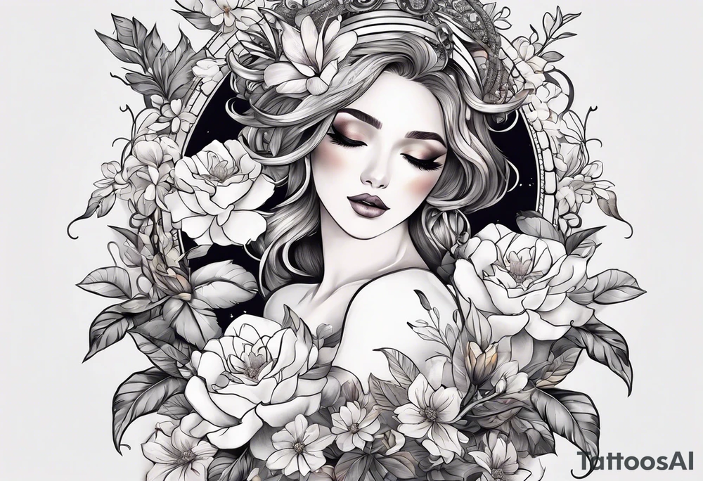 Sleeve with libra and flowers tattoo idea
