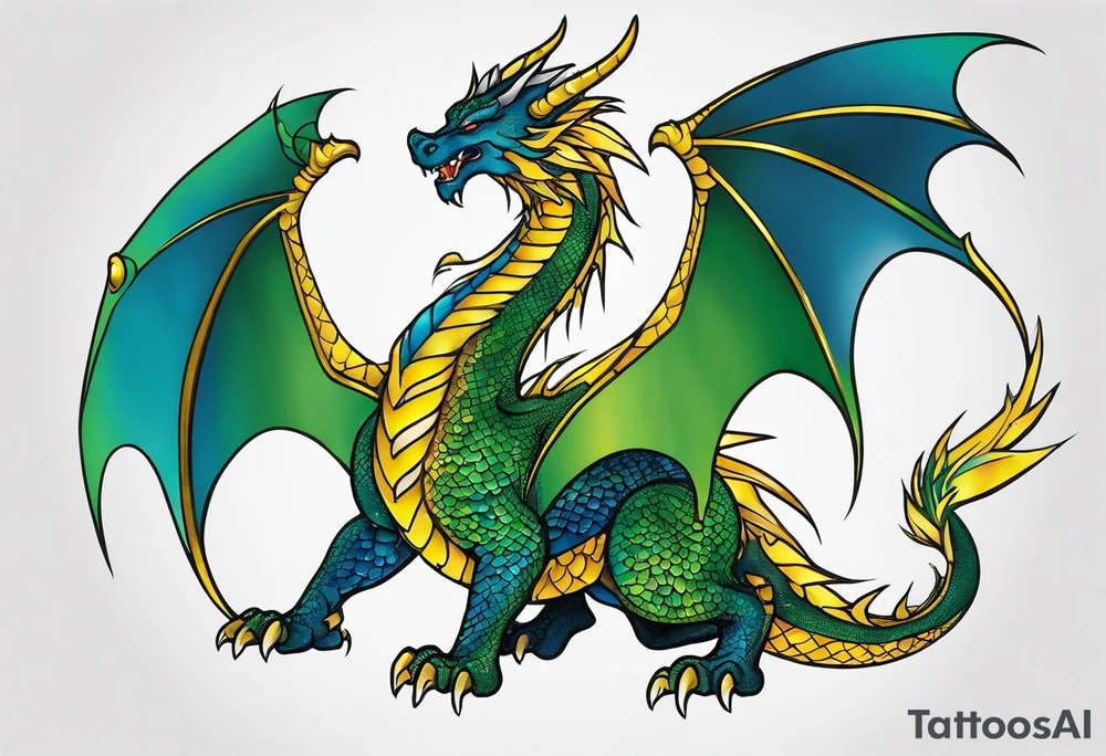 An epic dragon, its body coiling dynamically, with scales and horns detailed to create a sense of movement and strength. The dragon features accents in green, blue, and gold, giving a vibrant depth and a mystical aura. This tattoo highlights the dragon’s fierce expression and sharp claws as it wraps protectively around the leg. It does not have wings. Style: Realism tattoo idea
