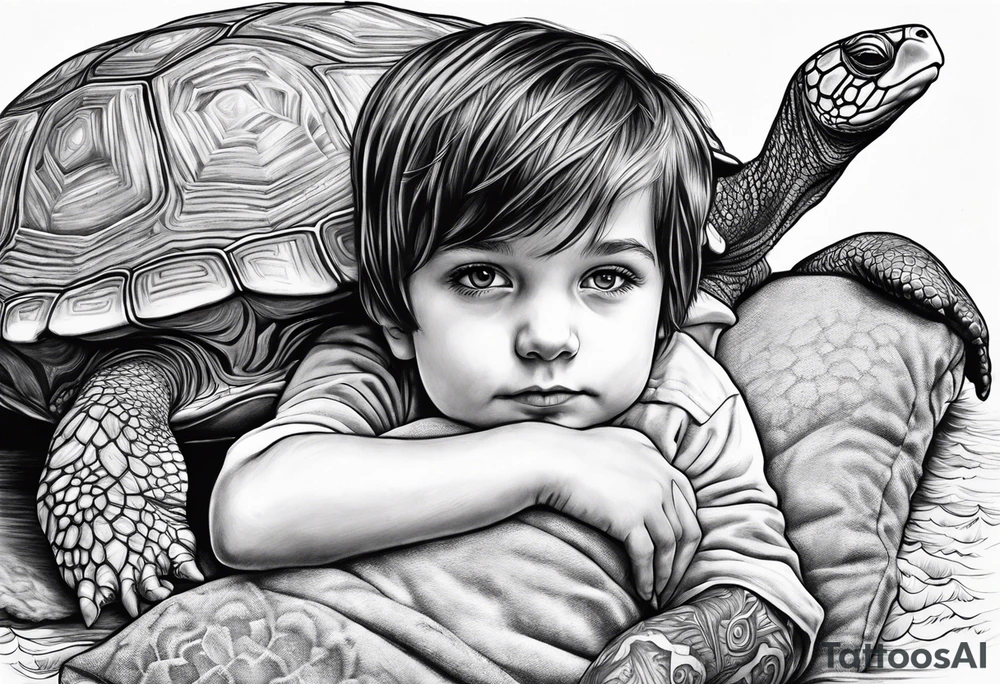 Kid with brown hair playing with a pillow with a turtle image coved tattoo idea