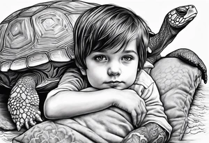 Kid with brown hair playing with a pillow with a turtle image coved tattoo idea