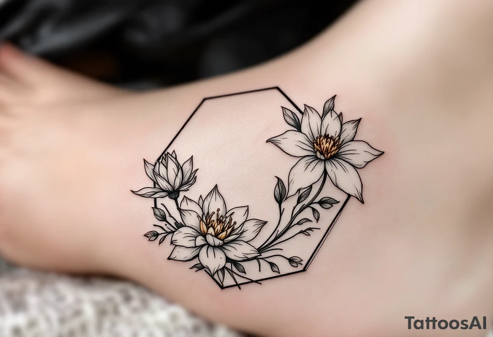Faint Hexagon with Leo, larkspur and water lilies in the center tattoo idea