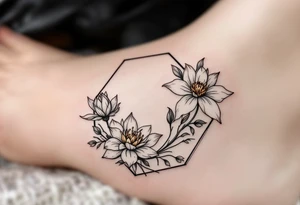 Faint Hexagon with Leo, larkspur and water lilies in the center tattoo idea