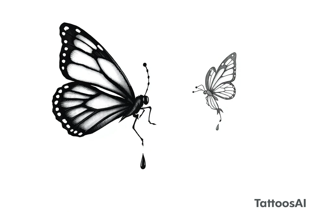 close up Bleeding butterfly and a second one who is in metal style and his placement is right and down from the first one tattoo idea