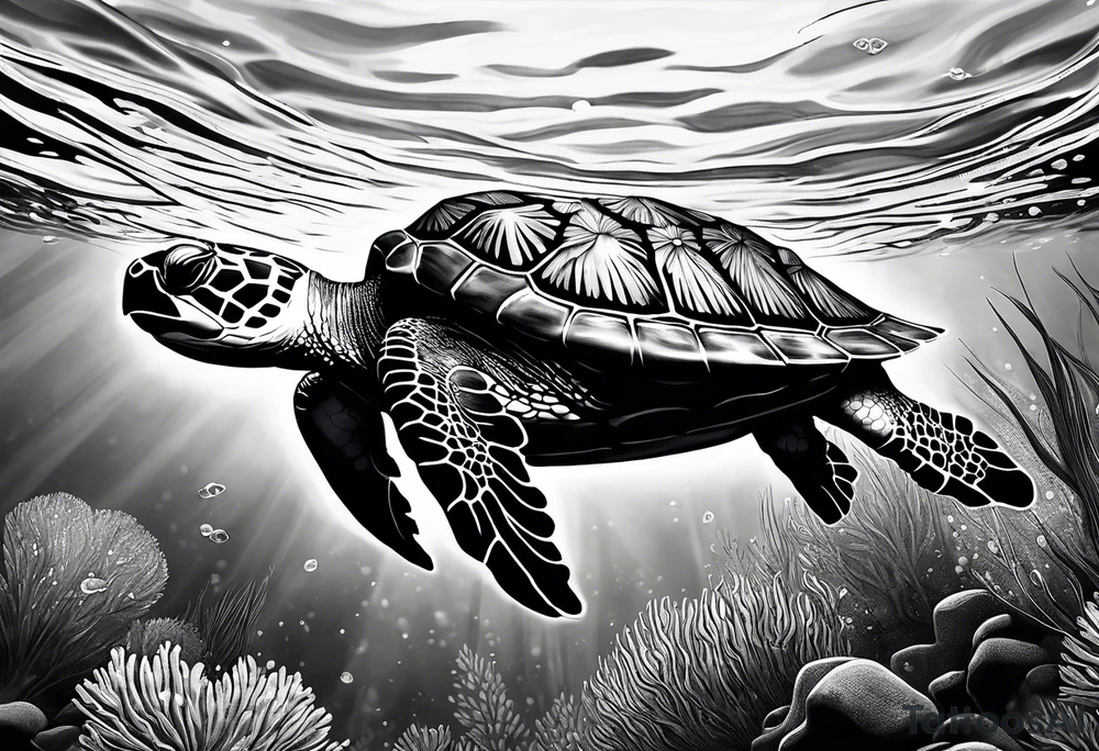 A serene turtle swimming underwater, detailed shell patterns visible, symbolizing patience and longevity.” tattoo idea