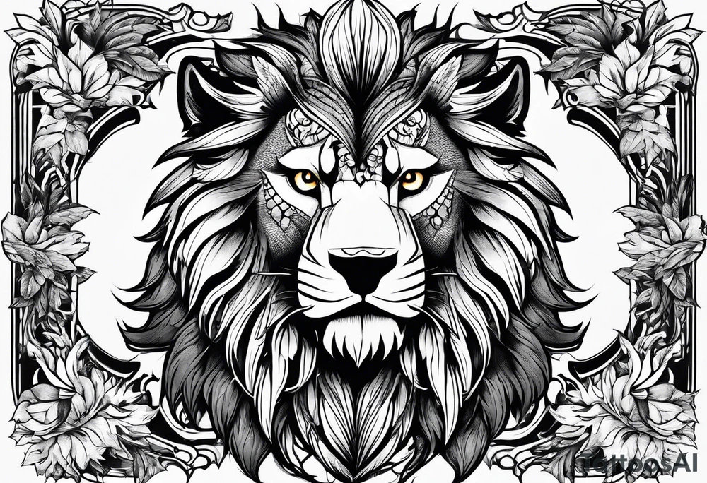 an eagle a lion and a wolf half-face tattoo idea
