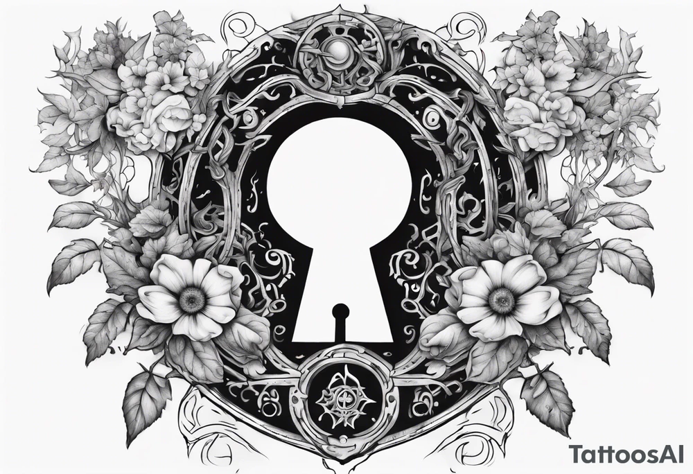 an intricate keyhole surrounded by elements like vines, flowers, and celestial symbols. Inside the keyhole, incorporate personal symbols or imagery that hold significance to the individual. This design allows for personalization and depth, making it a unique and meaningful tattoo. tattoo idea