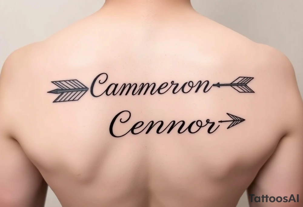 1 fine line  feminine arrow that incorporates the name Cameron and another fine line feminine arrow that incorporates the name Connor tattoo idea