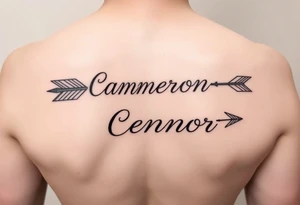 1 fine line  feminine arrow that incorporates the name Cameron and another fine line feminine arrow that incorporates the name Connor tattoo idea