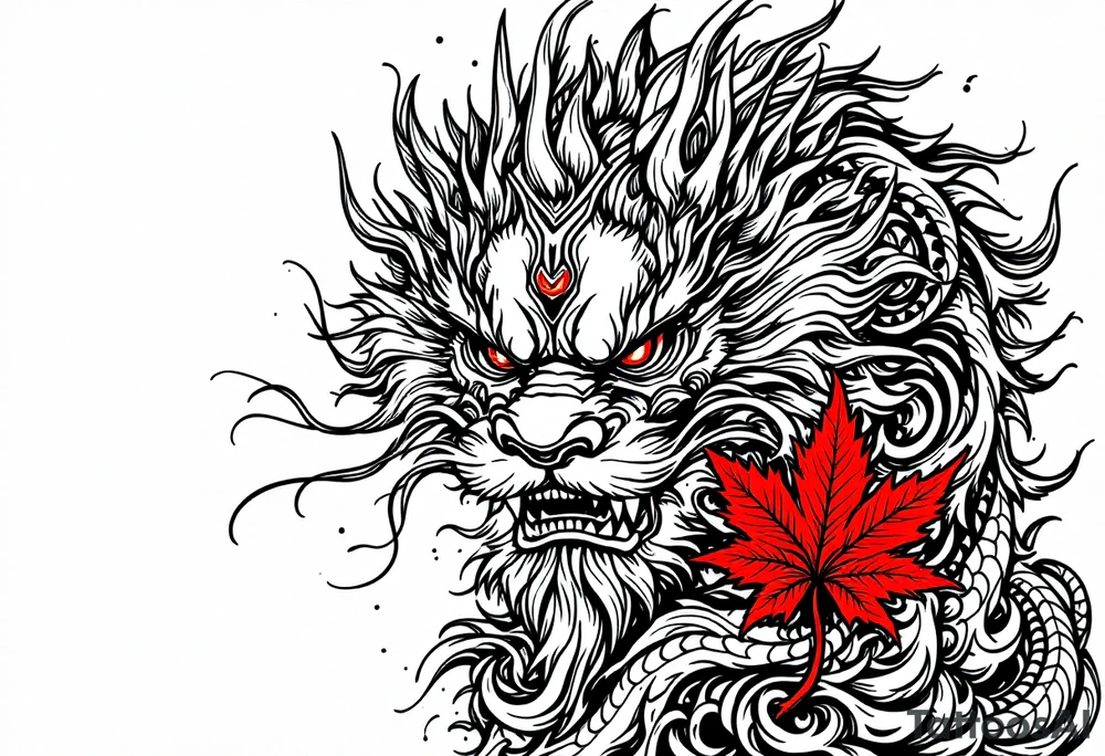 mythical Foo Dog (Half dog, half lion)  with wind and red maple leaf ornament tattoo idea