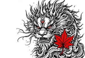 mythical Foo Dog (Half dog, half lion)  with wind and red maple leaf ornament tattoo idea