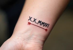 Bold black X.X.MMXVI on the forearm, paired with thin, faded red ink arrows pointing outward from each number. tattoo idea