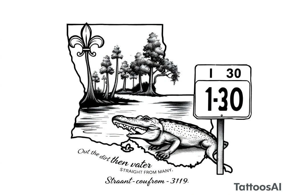 Louisiana state outline with fleur-de-lis, a bayou with a gator and trees , the 318 area code and and quote that says  Out the dirt, out the water, straight from 318 , a sign that says I-20 tattoo idea