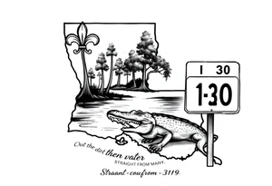 Louisiana state outline with fleur-de-lis, a bayou with a gator and trees , the 318 area code and and quote that says  Out the dirt, out the water, straight from 318 , a sign that says I-20 tattoo idea