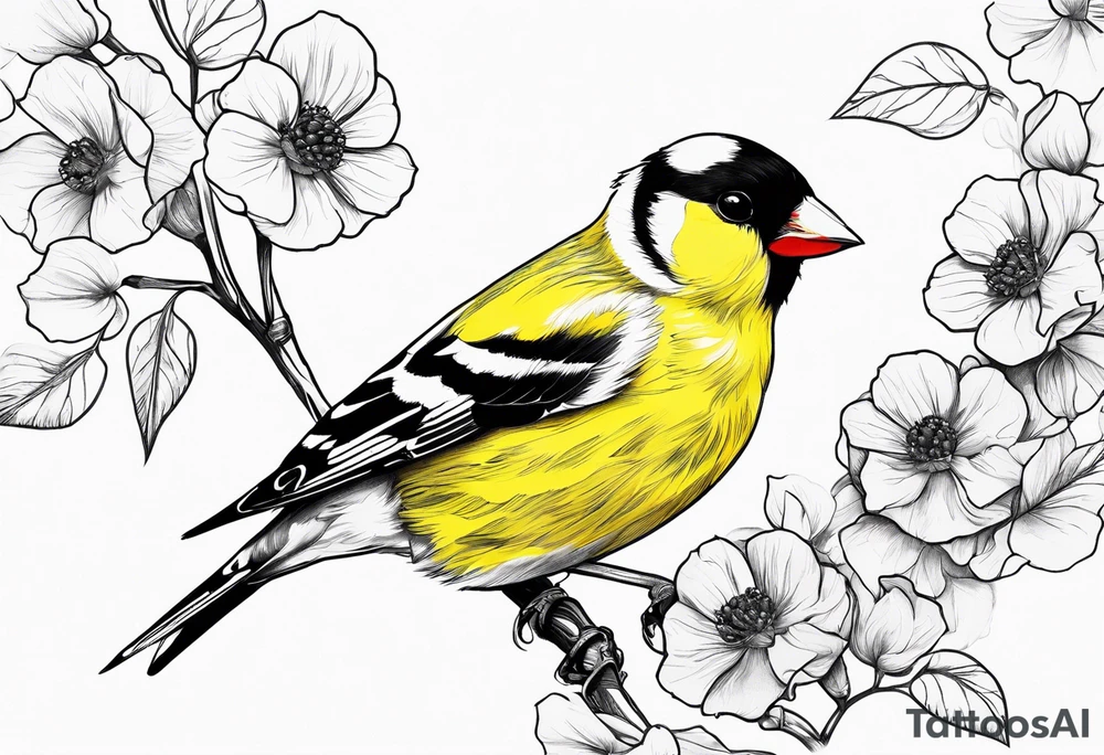 Generate a tattoo design of a goldfinch surrounded by delicate vines, emphasizing its bright colors and playful nature tattoo idea