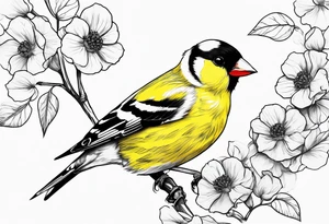 Generate a tattoo design of a goldfinch surrounded by delicate vines, emphasizing its bright colors and playful nature tattoo idea