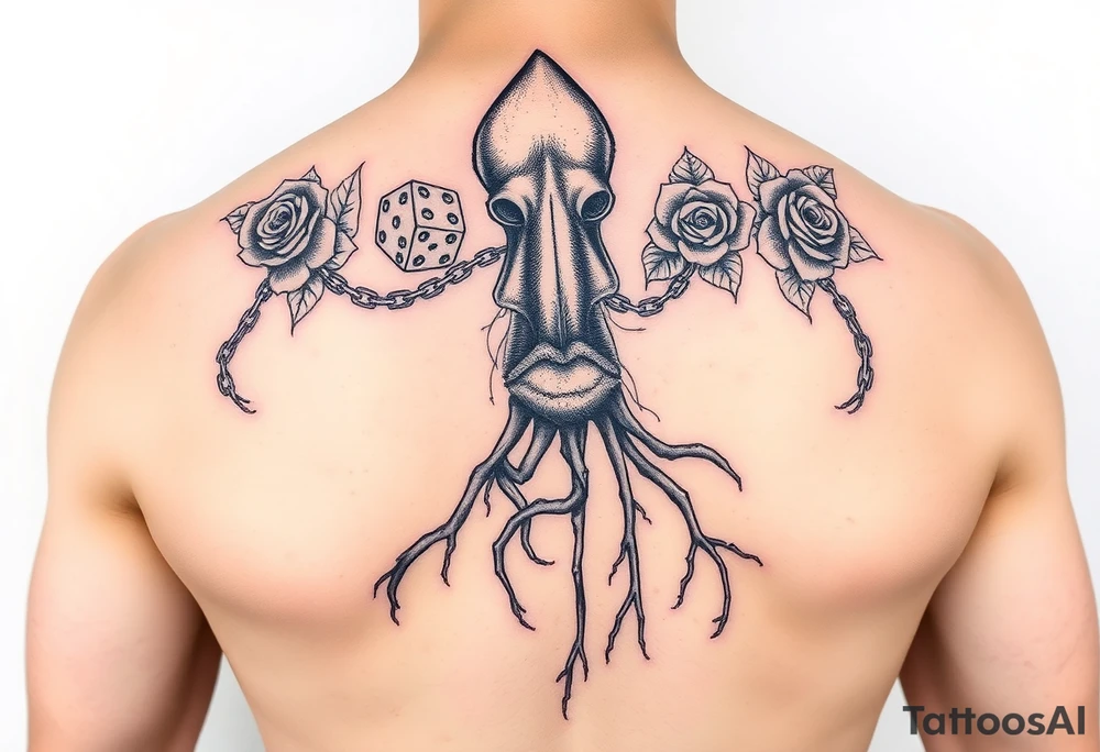 squid with chains with roses and tree roots rolling dice tattoo idea