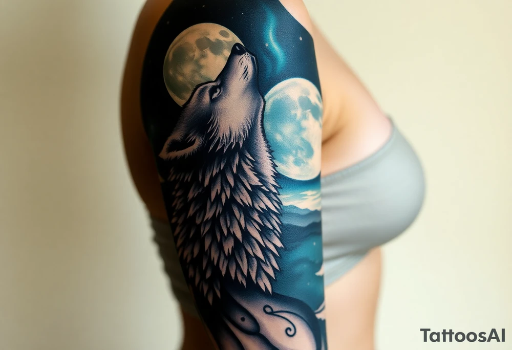 lone wolf howling at full moon with northern lights backdrop tattoo idea