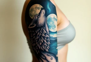 lone wolf howling at full moon with northern lights backdrop tattoo idea
