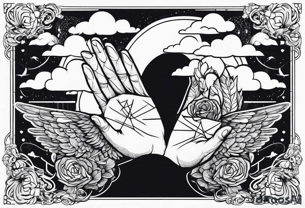 Angel baby hand reaching out to hands from clouds with birds flying to heaven gates tattoo idea