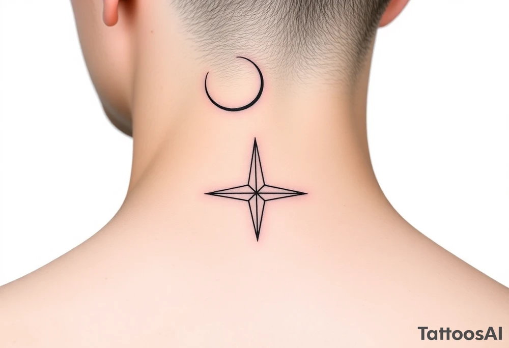 A minimalist crescent moon neck tattoo with a sleek, modern design. The crescent moon is positioned at the top, curving to the left, with a thin, clean line. Below the moon, there is a vertical line intersected by a sharp, star-like shape with four points. The star shape has elongated top and bottom points, giving it a clean, symmetrical look. The tattoo is placed behind the ear, following the natural curve of the neck. The lines are crisp and delicate, creating a stylish, celestial vibe." tattoo idea