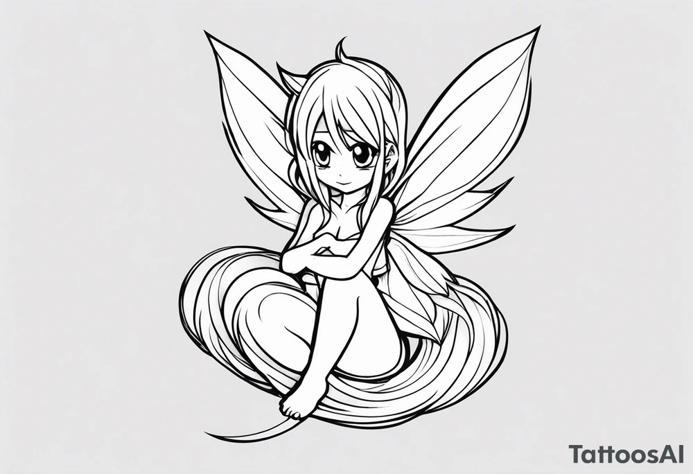 No color fairy with a tail inspired by the logo of the anime show called Fairy Tail in a fetal position leaning in and forward tattoo idea