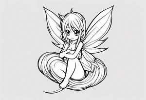 No color fairy with a tail inspired by the logo of the anime show called Fairy Tail in a fetal position leaning in and forward tattoo idea