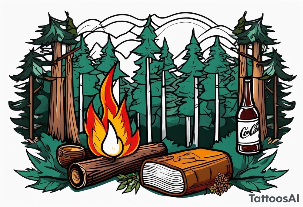 American traditional tattoo of campfire in the woods with a coke can and whiskey tattoo idea