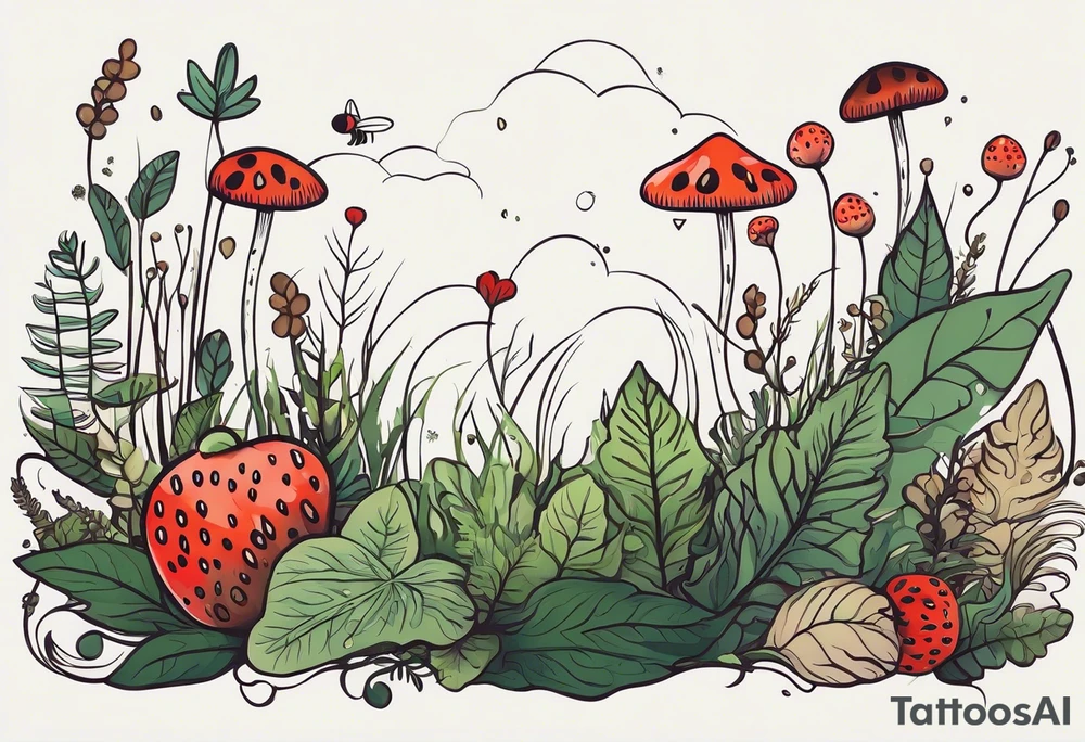 forest floor inspired minimalist tattoo, which includes grass, curly ferns, moss and dead leaves as the bulk of the tattoo. details to include: three very tiny strawberries, a tiny bumblebee flying nearby, three small brown mushrooms
Generate a vertically long one tattoo idea