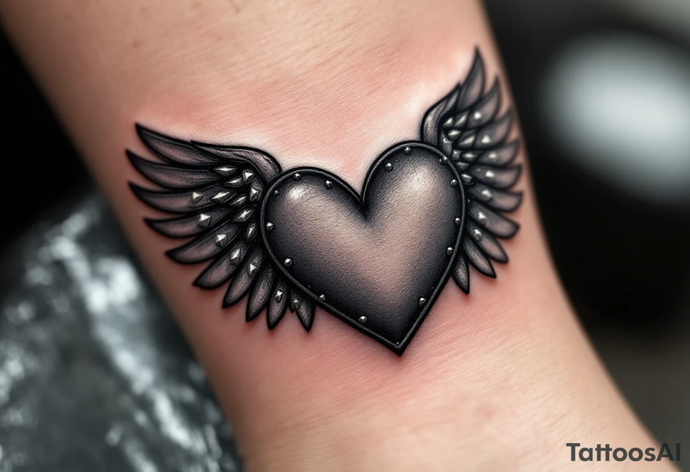 Punk Heart with Leather Wings – A black leather heart, adorned with leather wings that have silver studs, representing rebellious love with a tough exterior. tattoo idea