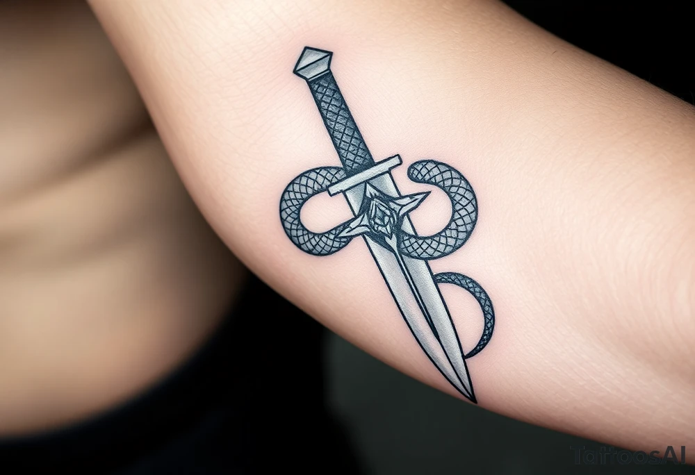 mystical snake coiled around an ancient dagger with jeweled hilt tattoo idea